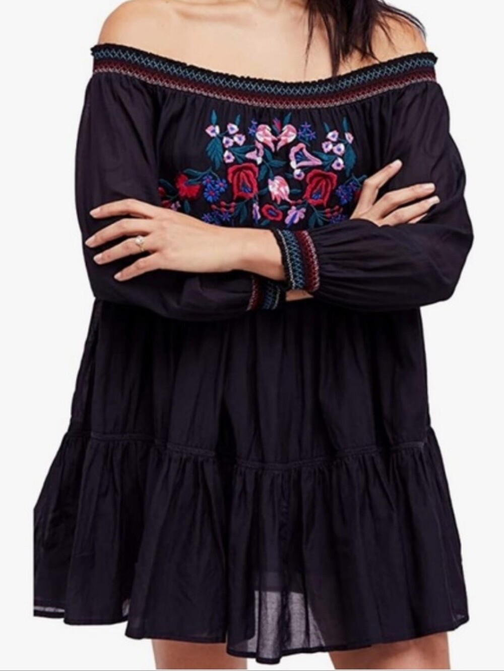 Free People Sunbeam Embroidery Off The Shoulder Boho Western Peasant Black Small